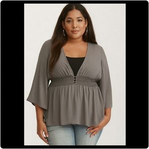 Torrid Grey Georgette Button Smocked Babyboll Top